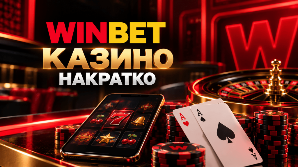 Promotional banner for WINBET Casino with a roulette wheel, poker chips, playing cards, and a smartphone display in a red-gold glow.