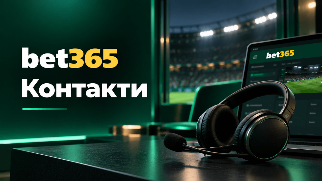 Bet365 kontakti | Efbet 365 Bet365 Контакти hero: headset on a desk with a laptop showing a stadium scene and Bet365 branding on the left.