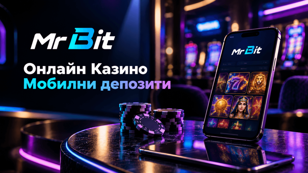MrBit online casino banner with poker chips on a marble table and a tilted phone showing game icons.