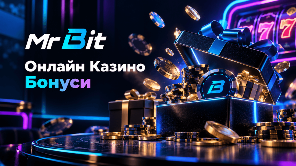 MrBit online casino banner with glowing blue logo and gift-filled chest, promising bonuses