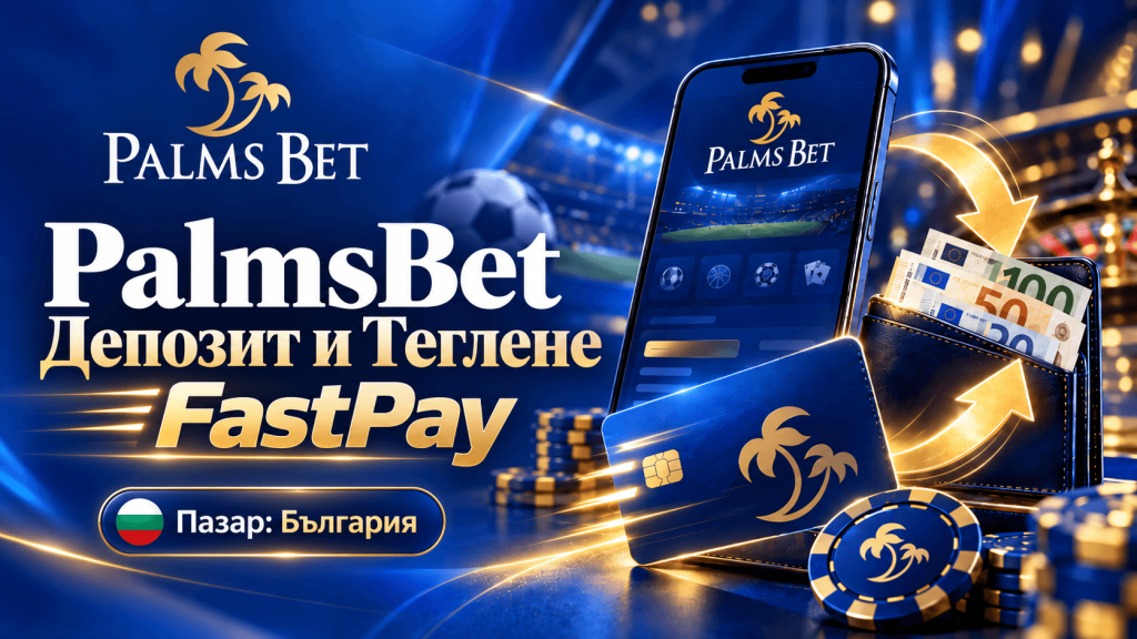 Palms Bet promotional image with a smartphone, wallet with cash, and casino chips featuring the Palms Bet logo. Bulgarian market text present.
