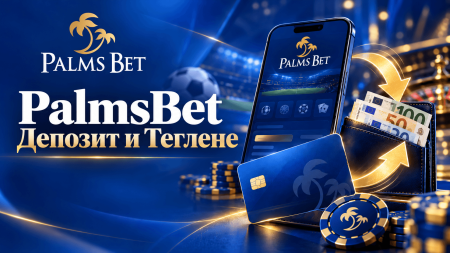Palms Bet promotional banner with the logo, Cyrillic headline, a smartphone displaying the app, a wallet with cash, and casino chips on a blue background.