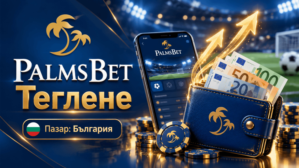 PalmsBet promotional banner with logo, a smartphone showing the app, a blue wallet with euro banknotes, and golden upward arrows on a stadium background.