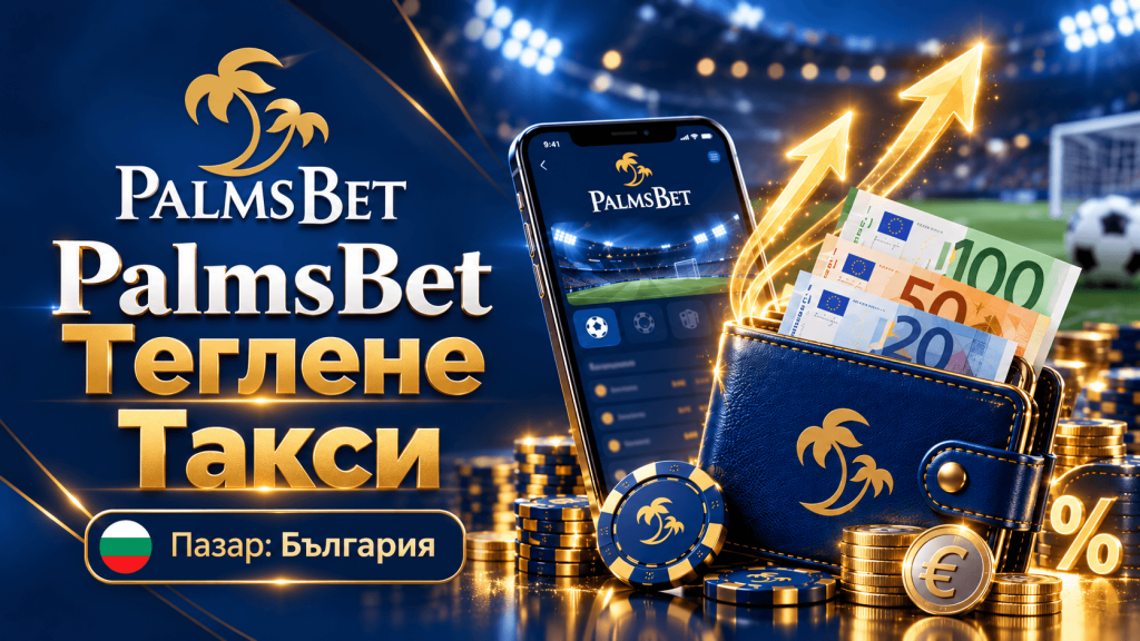 PalmsBet promotional banner with a blue wallet, cash euros, and a smartphone showing a stadium, symbolizing betting growth in Bulgaria.