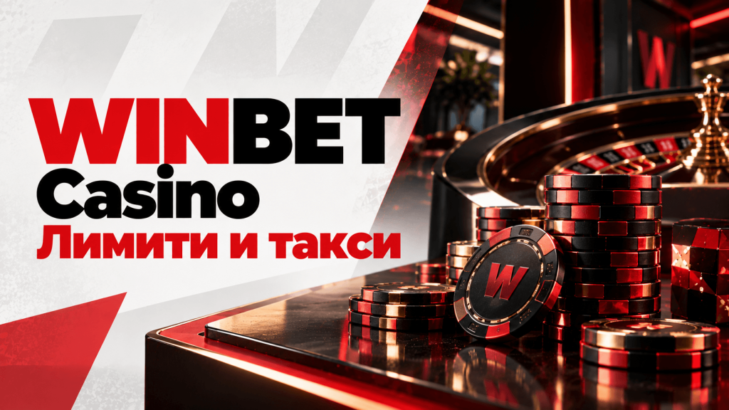 Winbet Casino limiti taksi | Efbet 365 Banner showing WINBET Casino branding with large red and black text and the Cyrillic phrase 'Лимити и такси', beside stacks of red-black poker chips on a glossy casino table.