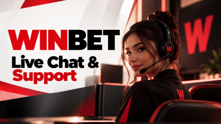 Support agent with headset at a computer beside WINBET Live Chat & Support branding in red and black.