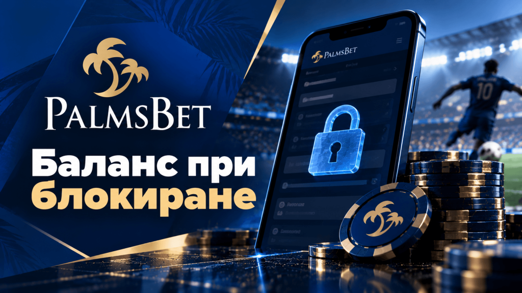 PalmsBet promo banner in Russian about balance during blocking; smartphone with a glowing lock and stacks of casino chips.