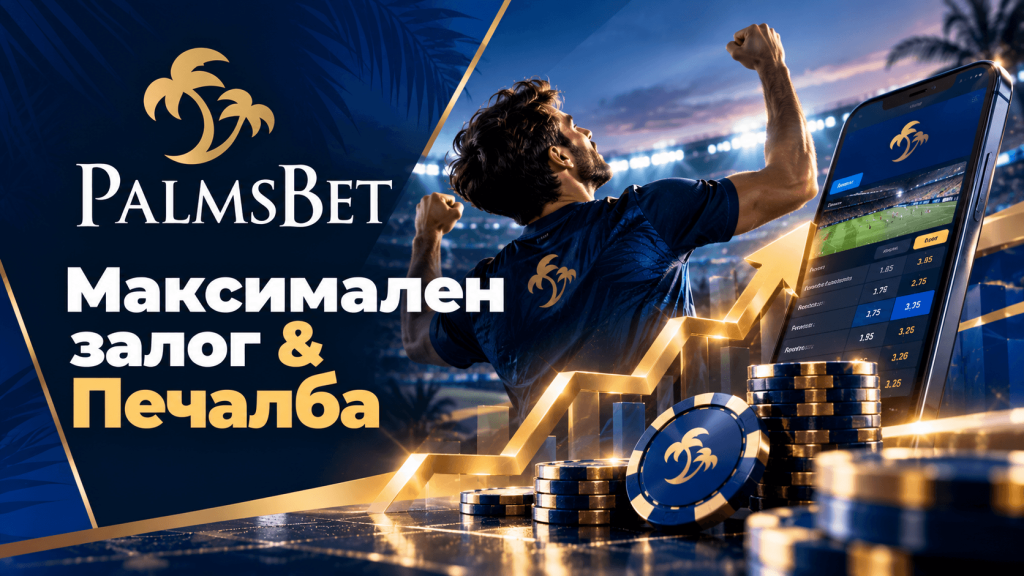 PalmsBet promo banner: man celebrates with fists raised, gold chips, and a smartphone showing betting odds on screen.