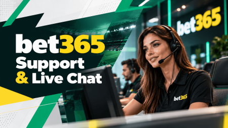 Customer support agent with headset at a computer, Bet365 branding and 'Support & Live Chat' headline.