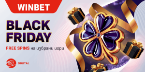 WINBET Black Friday banner showing a purple gift box with gold ribbon, promoting free spins on selected games.