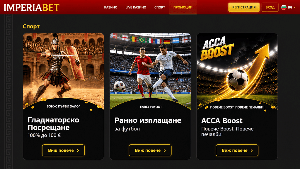 imperiabet-bonusi-sport | Efbet 365 Three promotional betting cards on a dark sports offers page: gladiator arena, a football match, and ACCA Boost with 'See more' buttons.